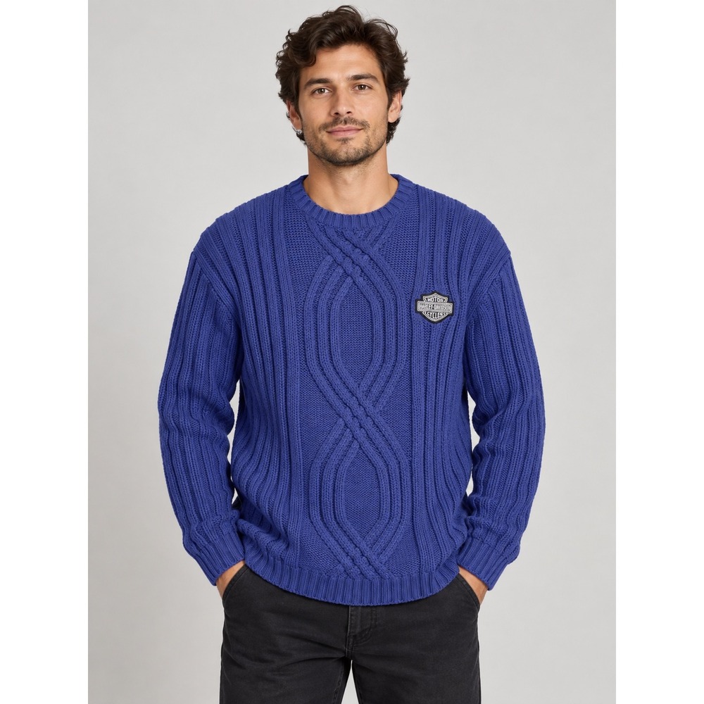 Harley Davidson Mens Blue Cable Knit Cotton Sweater Bar & Shield Logo Large
